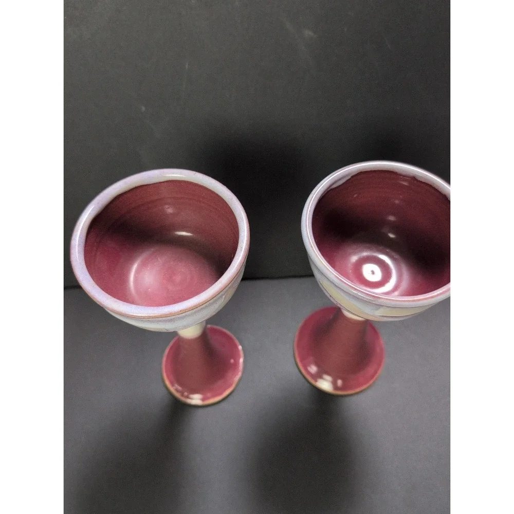 Set 2 Studio Art Pottery Goblet Chalice Wine Glass Cream Maroon Glazed Pedestal